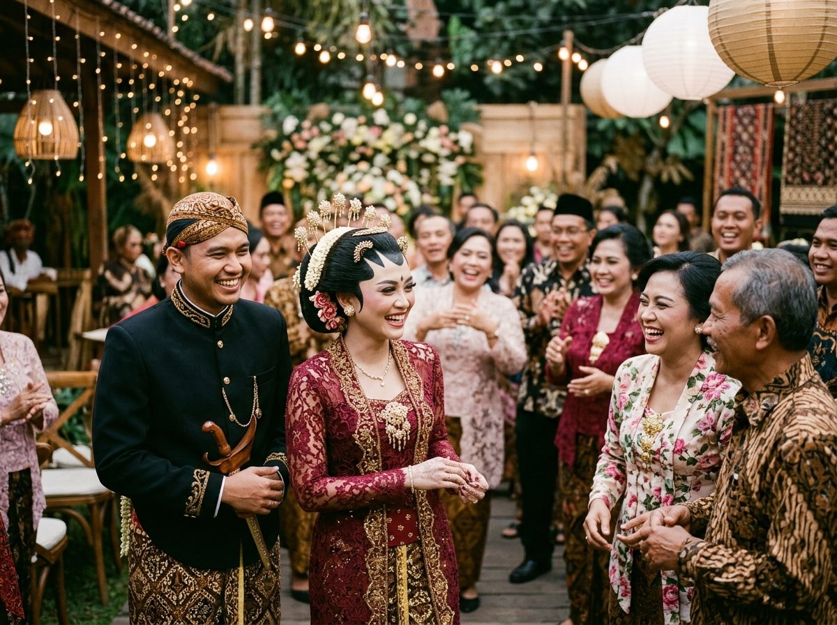 Tawa bahagia pengantin adat Jawa bersama para tamu undangan