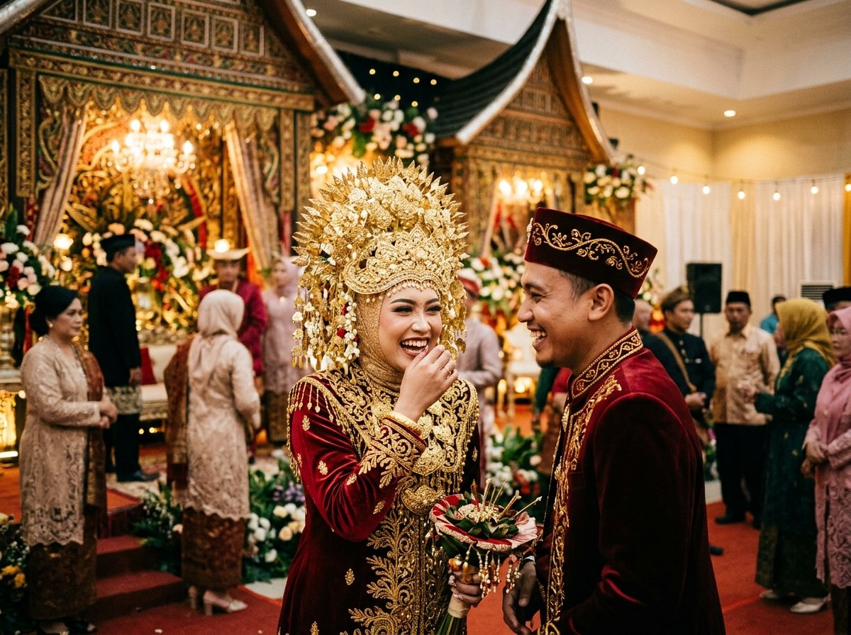 Kemegahan busana adat Minangkabau dengan mahkota Suntiang emas