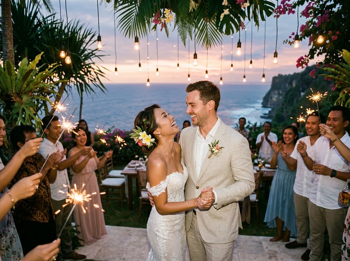 Pesta dansa tepi tebing laut Bali berlatar sunset dan sparklers