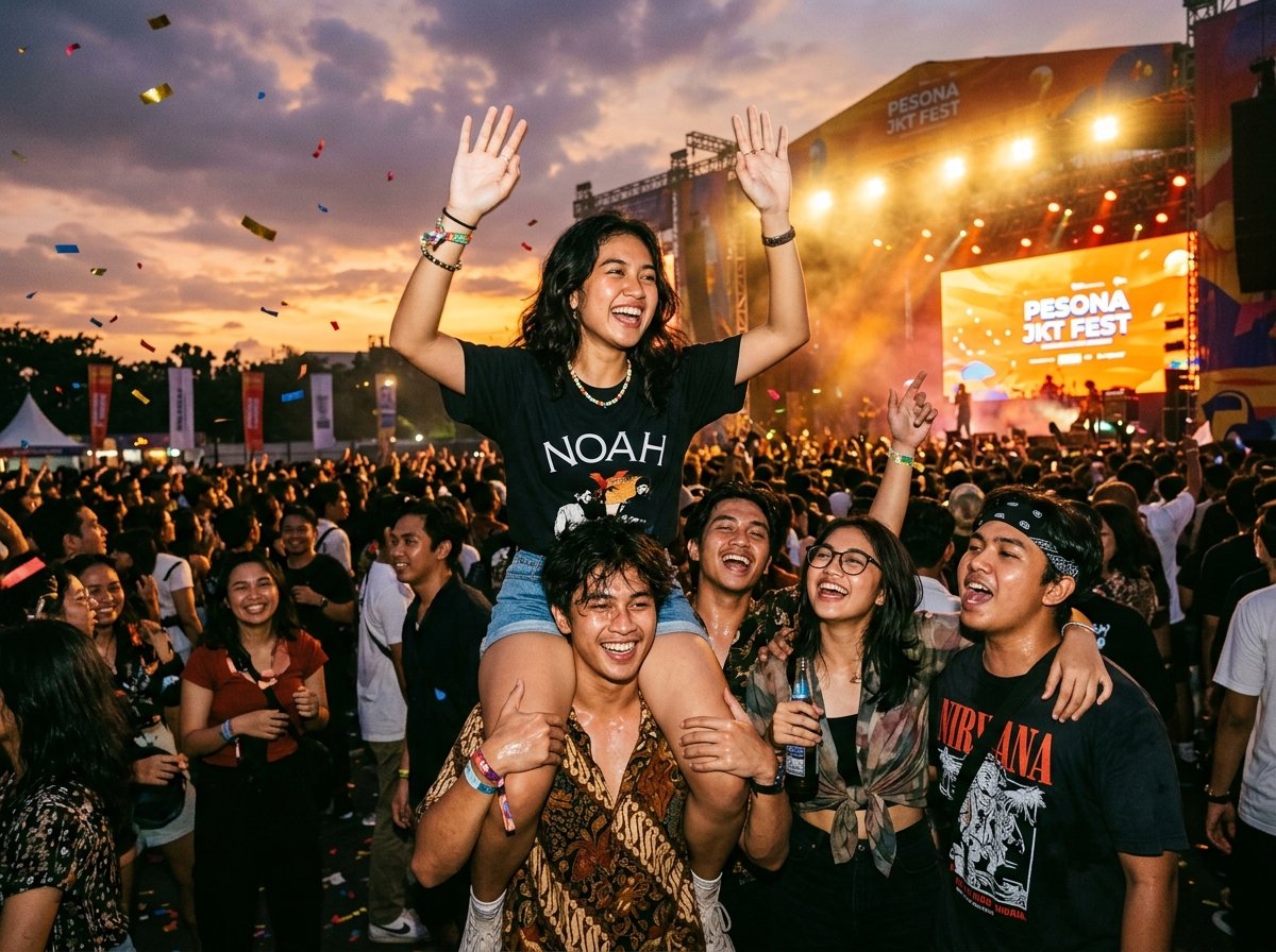 Euforia penonton konser musik outdoor bernyanyi bersama saat senja